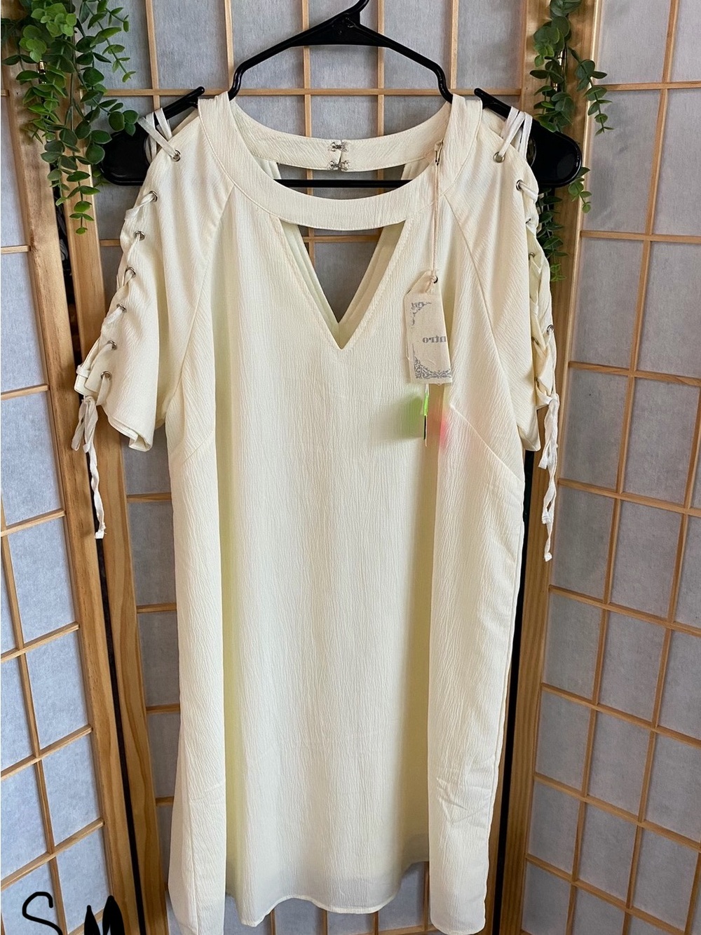 entro Cream Cold-Shoulder Lace-Up V-Neck Mini Dress